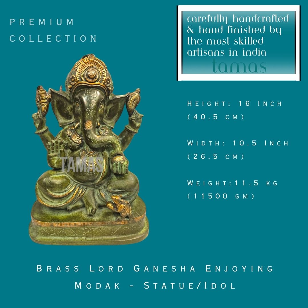 Tamas Brass Lord Ganesha Enjoying Modak - Statue/Idol (Green) - PUSHMYCART