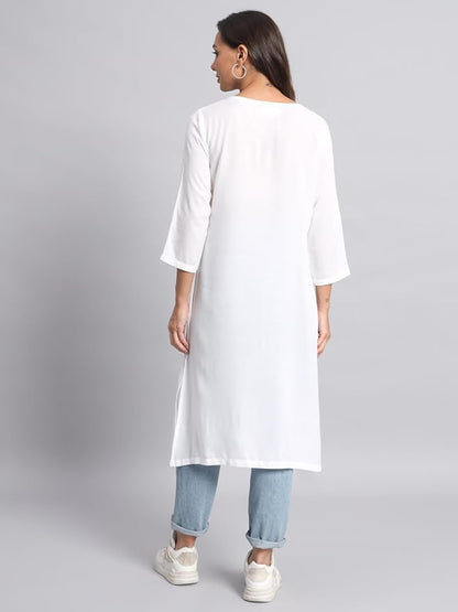Vasthrlay Women's Solid White Cotton Blend Straight Kurta - PUSHMYCART