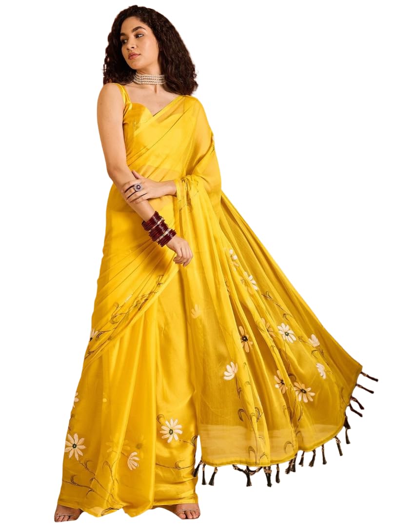 Vasthrlay Yellow Ethnic Floral Saree for festive ethnic occasions