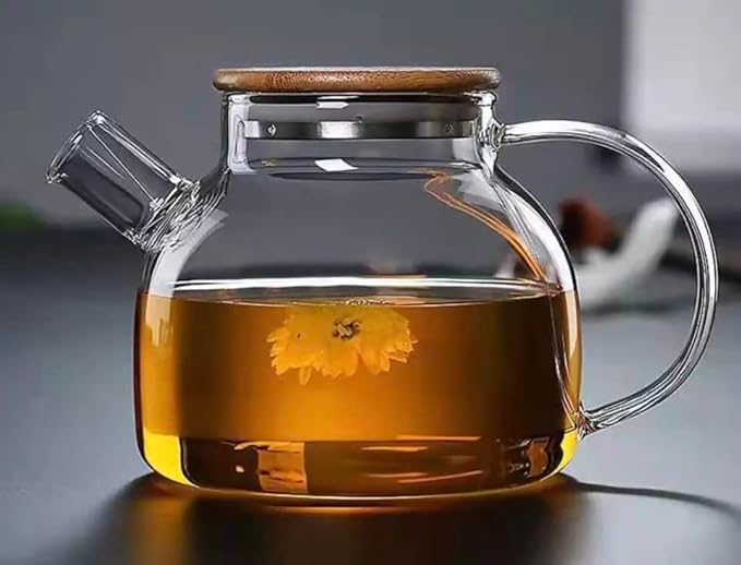 ZROY Enterprise Round Glass Tea Pot(Wooden Lid) - PUSHMYCART