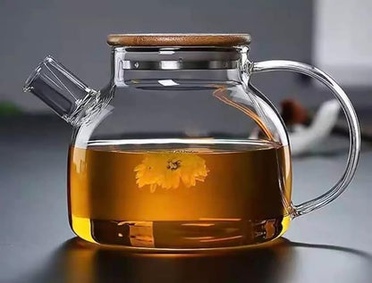 ZROY Enterprise Round Glass Tea Pot(Wooden Lid) - PUSHMYCART