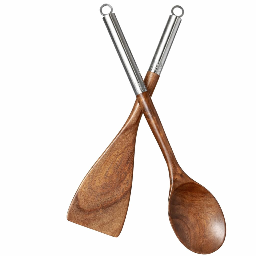 2 Pcs Acacia Wooden Spatula Set, Solid & Slotted Ladle, Stirring, Mixing & Baking