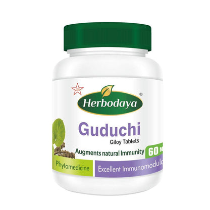 Herbodaya Organic Guduchi Tablets bottle with green label, showing natural ingredients and premium quality.