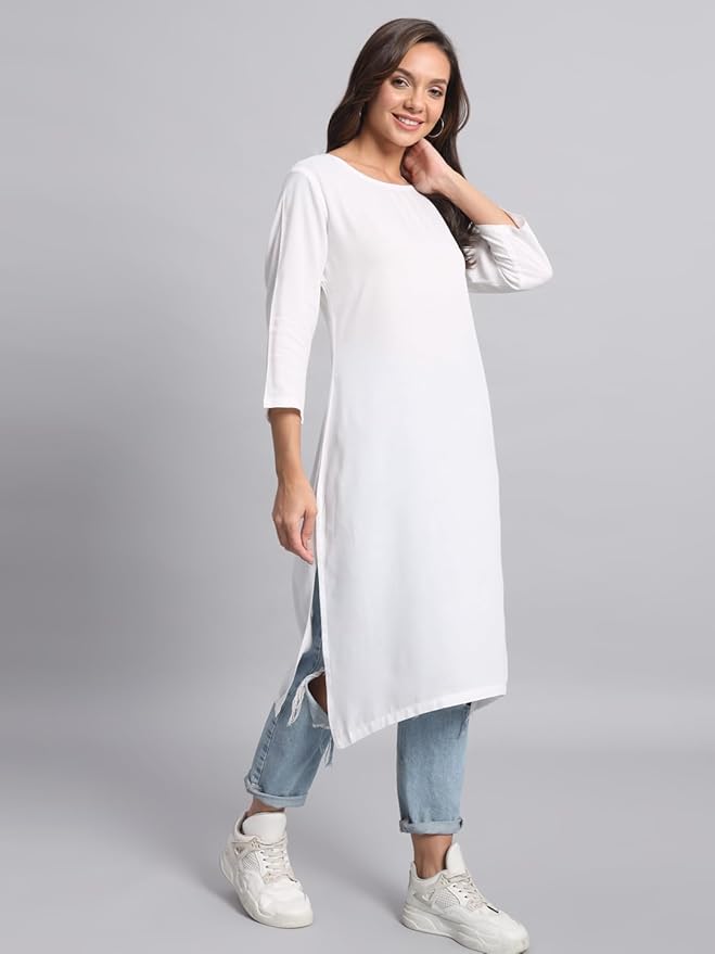 Vasthrlay Women's Solid White Cotton Blend Straight Kurta - PUSHMYCART