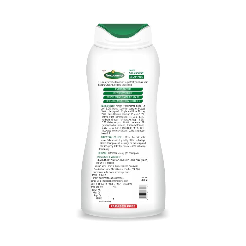 A sleek bottle of Herbodaya Neem Antidandruff shampoo, featuring green and white branding, against a clean backgrou - Image 2