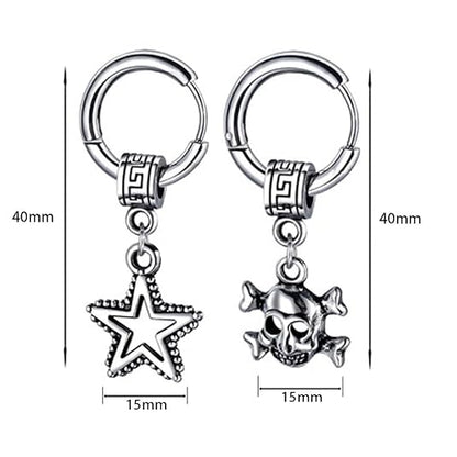 M Men Style Men Star Dangle Hoop Studs With Gothic Skeleton Head Dangle