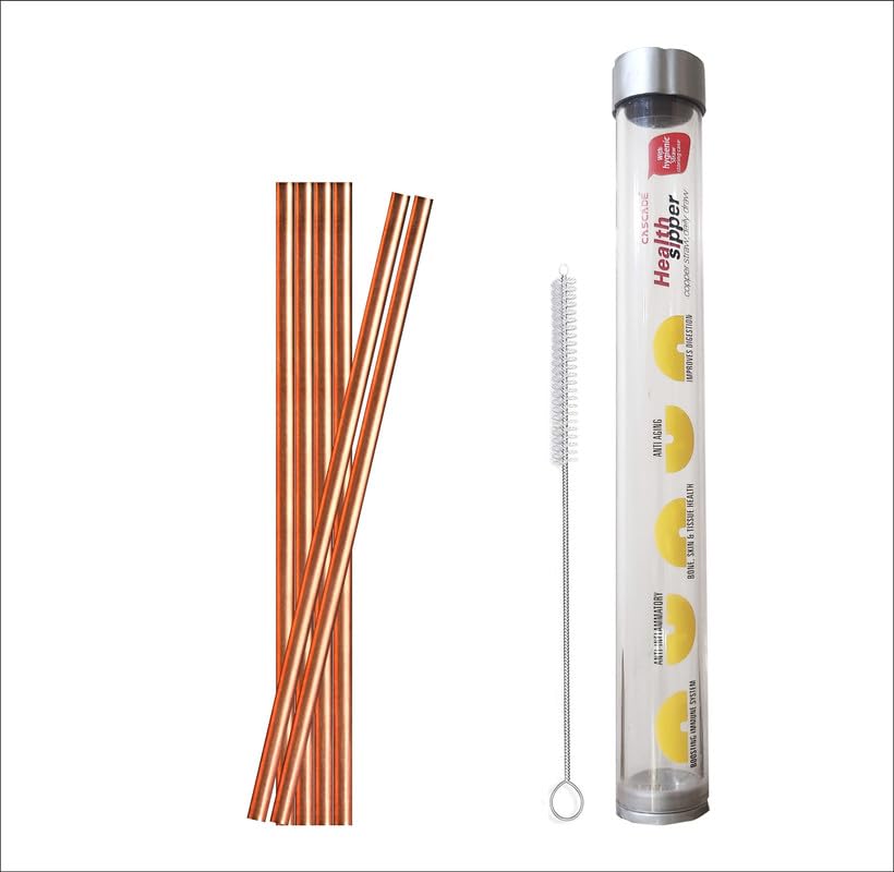 Cascade Pure Copper Drinking Straws Extra Thick Wide and Long with Cleaning Brush