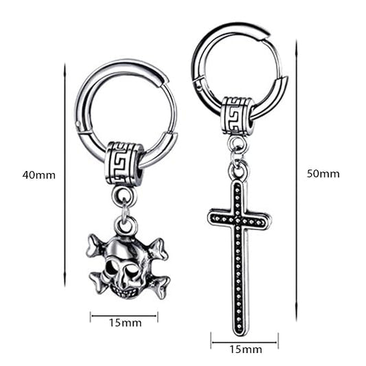 M Men Style Gothic Skeleton Head Dangle With Jesus Cross Hoop Studs