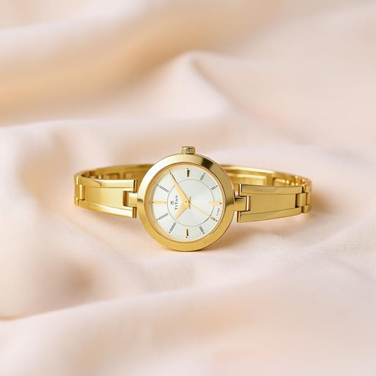 Titan Quartz Analog White Dial Gold Metal Strap Watch For Women - NN2598YM02