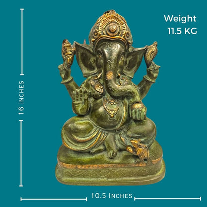 Tamas Brass Lord Ganesha Enjoying Modak - Statue/Idol (Green) - PUSHMYCART