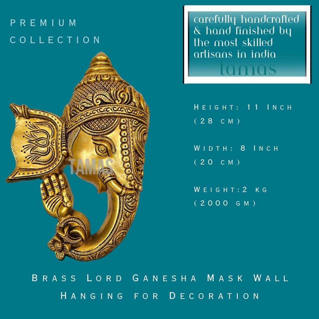 Tamas Brass Lord Ganesha Mask Wall Hanging for Decoration(Golden) - PUSHMYCART