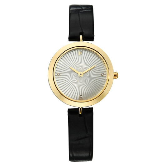 Titan Nebula Lotus 18 KT Gold Quartz Analog Mother Of Pearl Dial Black Leather Strap Watch For Women - image 1