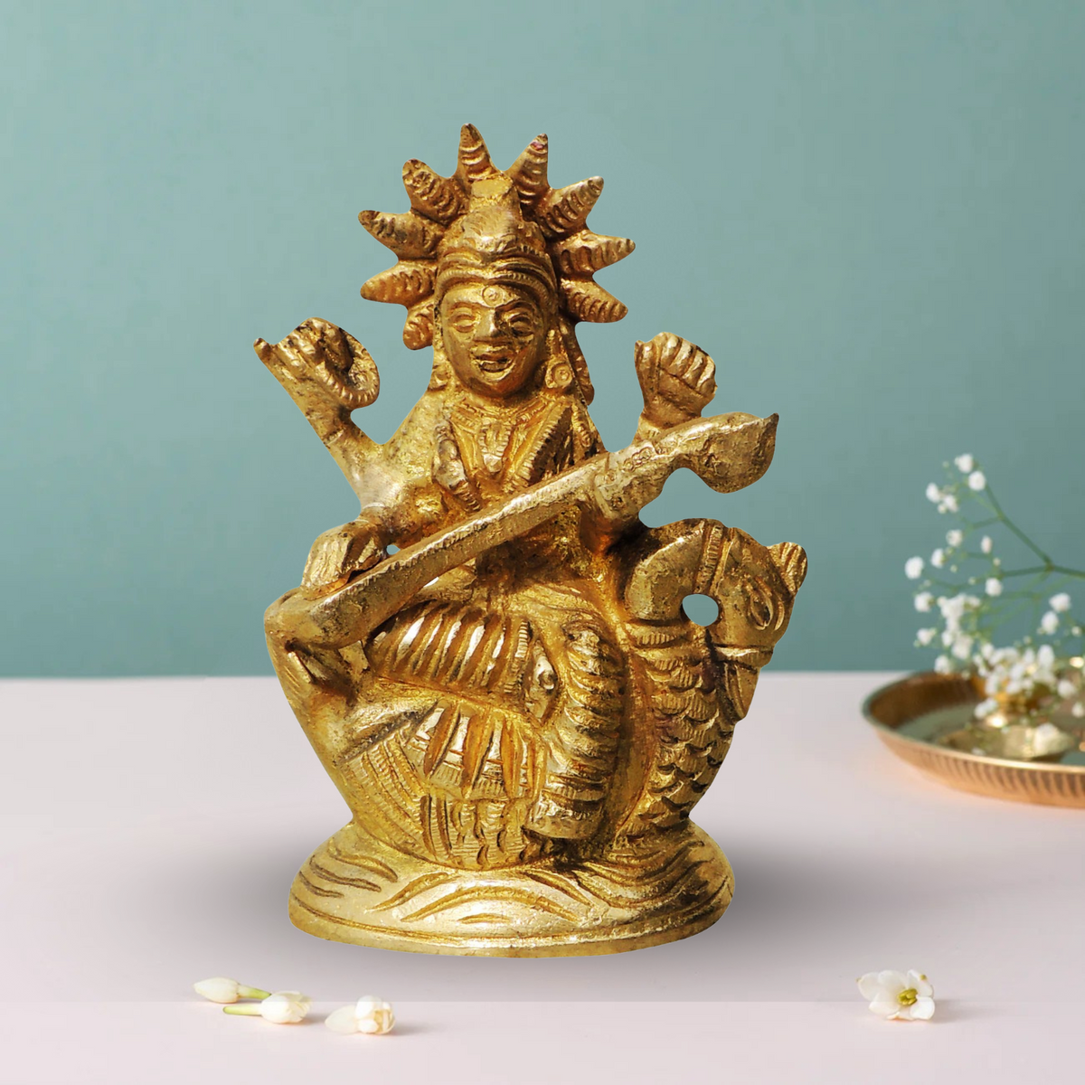 Brass Saraswati Ji Statue 0.3Kg - PUSHMYCART