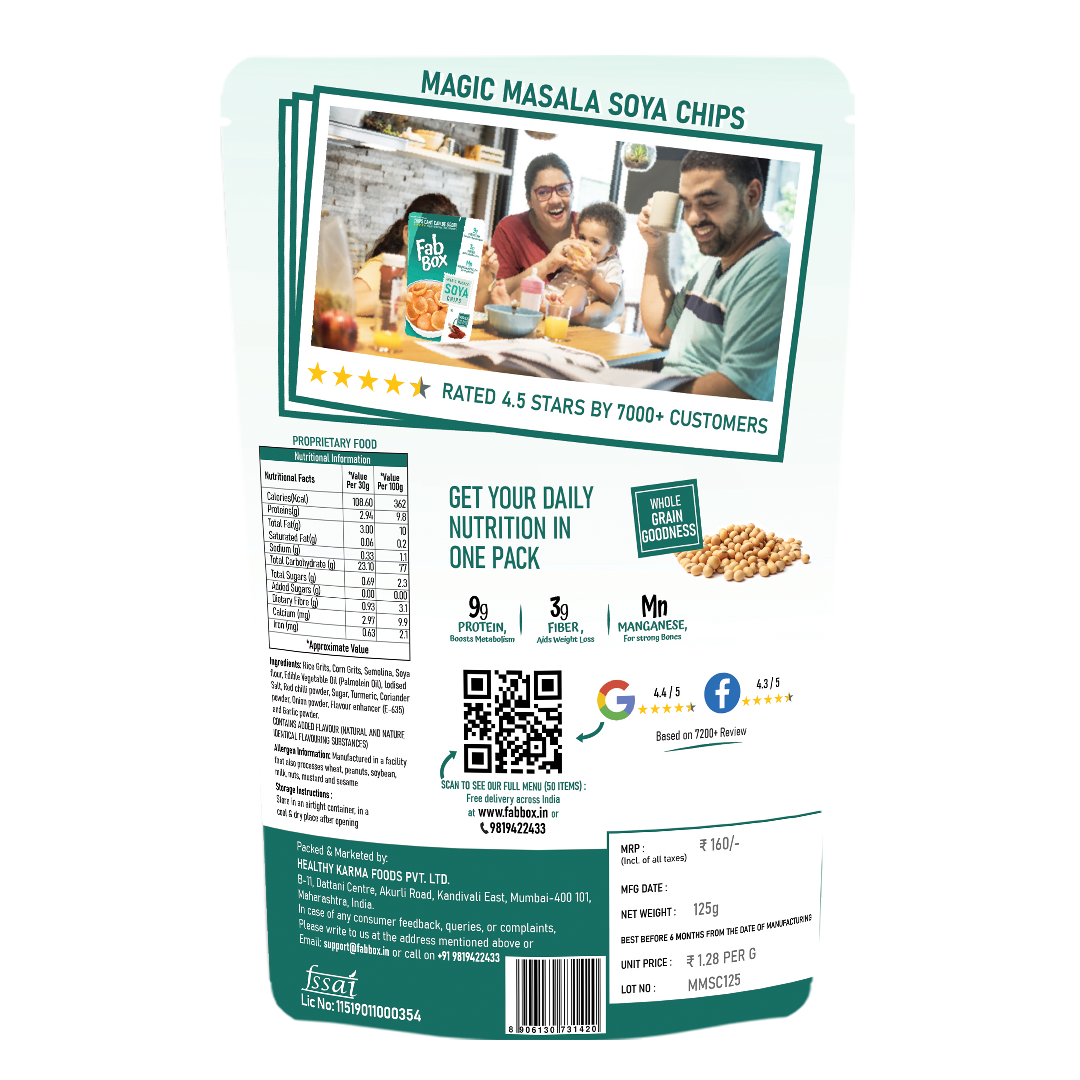 Fabbox Magic Masala Soya Chips pack with crispy, spiced soya chips spilling out, on a rustic wooden table. - Image 3