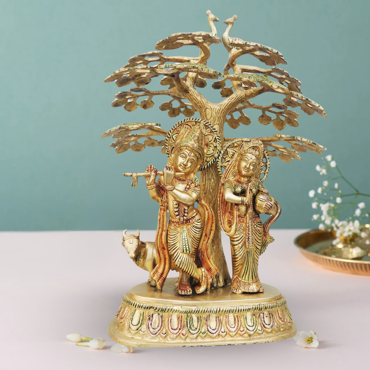 Brass Tree Radha Krishna With Cow Statue 7.015Kg - PUSHMYCART
