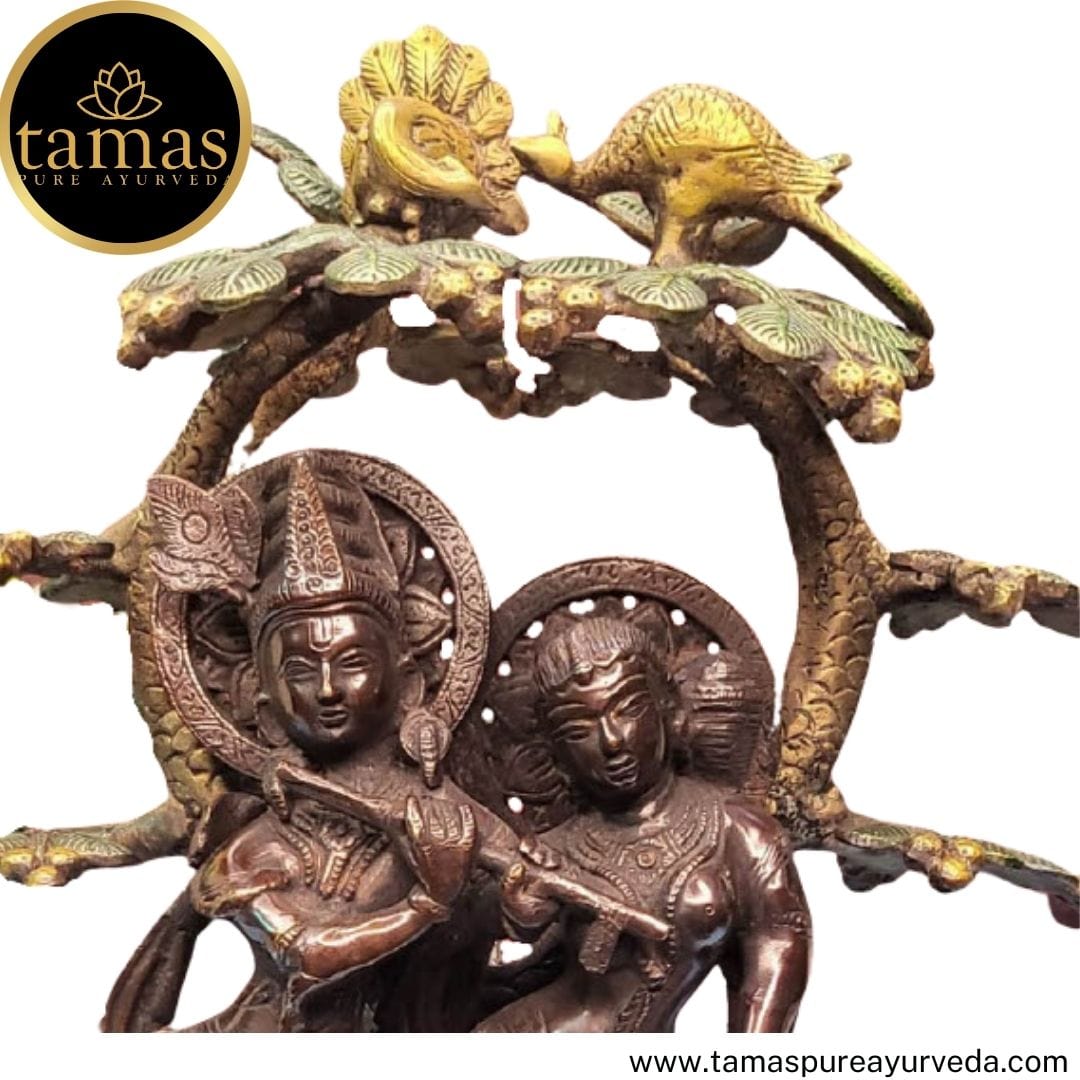 Tamas Brass Handcrafted Radha Krishna Yugal Jodi with Flute Statue / Idol with Antique Finish (Golden & Brown) (Pack of 1) - PUSHMYCART