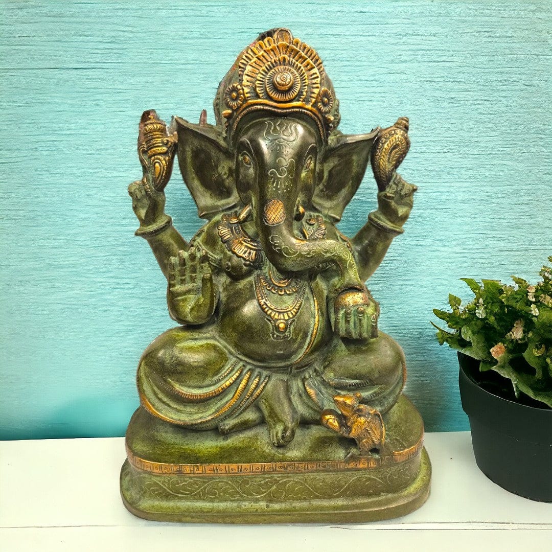 Tamas Brass Lord Ganesha Enjoying Modak - Statue/Idol (Green) - PUSHMYCART