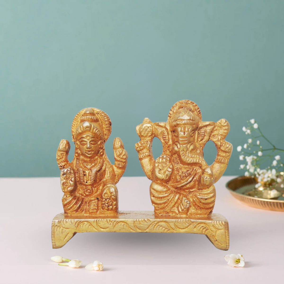 Brass Laxmi Ganesh One Base Statue 0.175Kg - PUSHMYCART