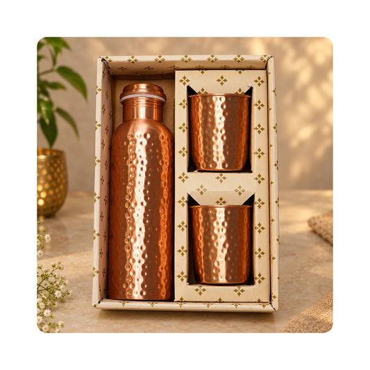 Mahita Collections Hammered Pure Copper Water Bottle 1 Litre with 2 Copper Glasses 250ml Gift Set
