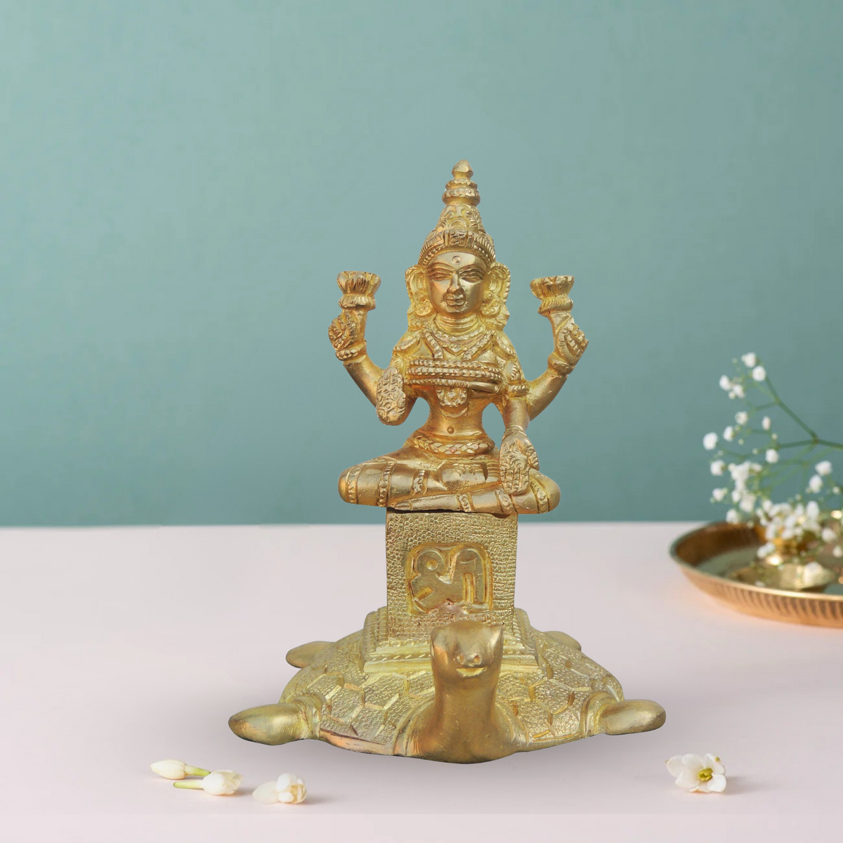 Brass Laxmi Ji Sitting On Tortoise Idol 0.51Kg - PUSHMYCART