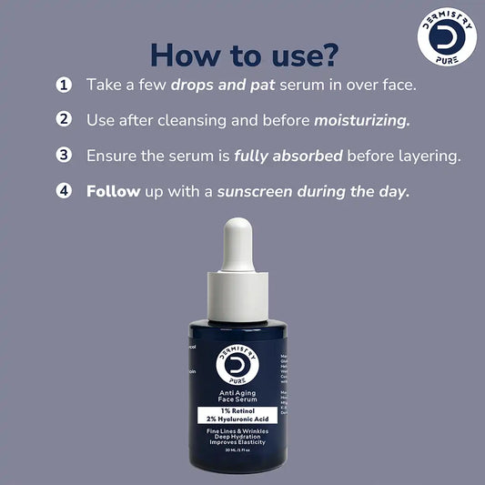 Dermistry Pure Anti Aging Face Serum 1 Percent Retinol 2 Percent Hyaluronic Acid 30 ml