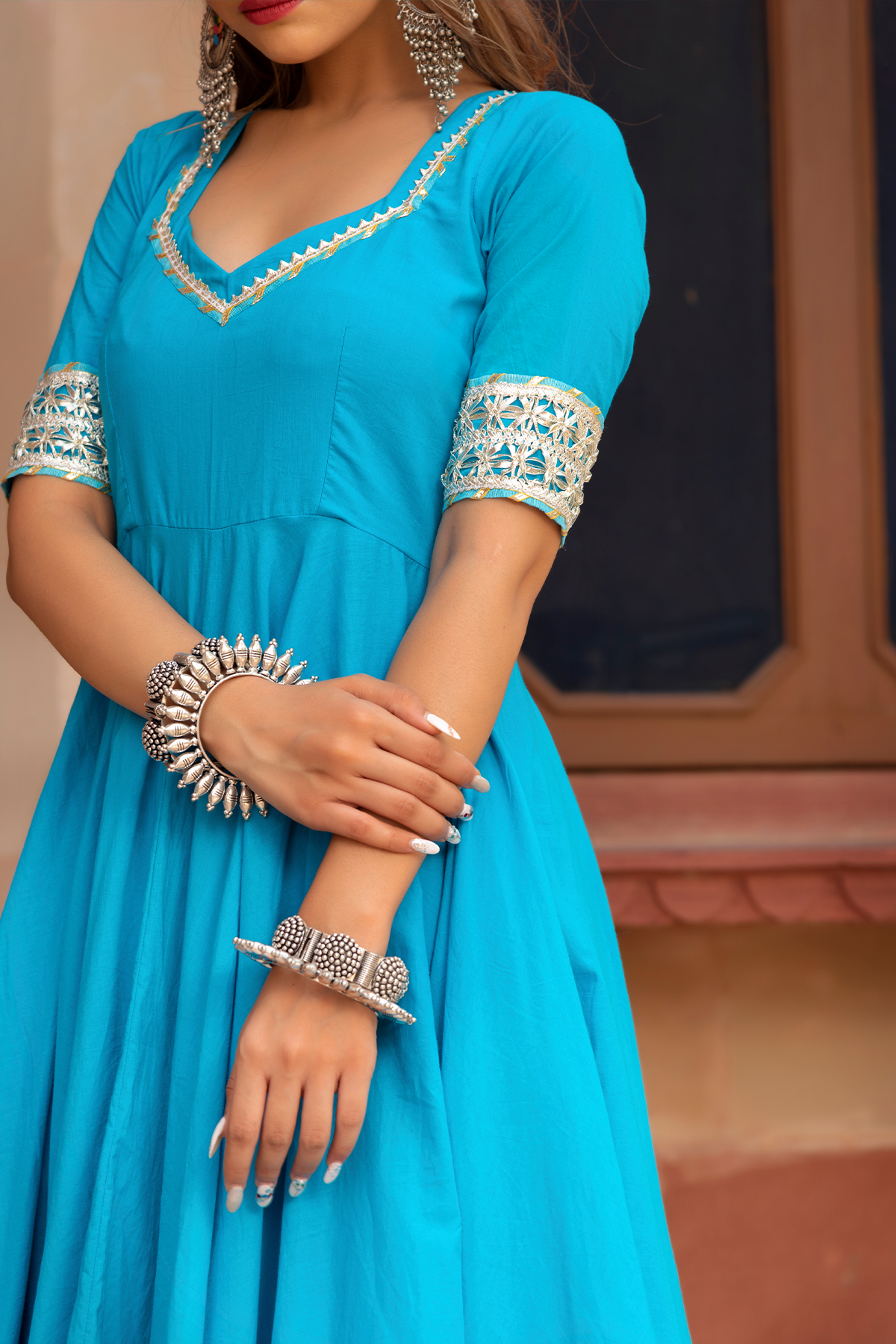 Kalamkari Blue Pure Cotton Anarkali Set With Soft Net Dupatta