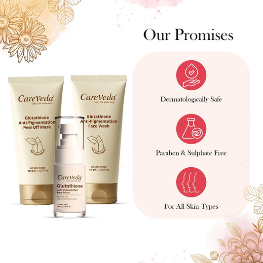 CareVeda Glutathione Skin Care Set of 3 Face Wash Peel Off Mask and Face Serum
