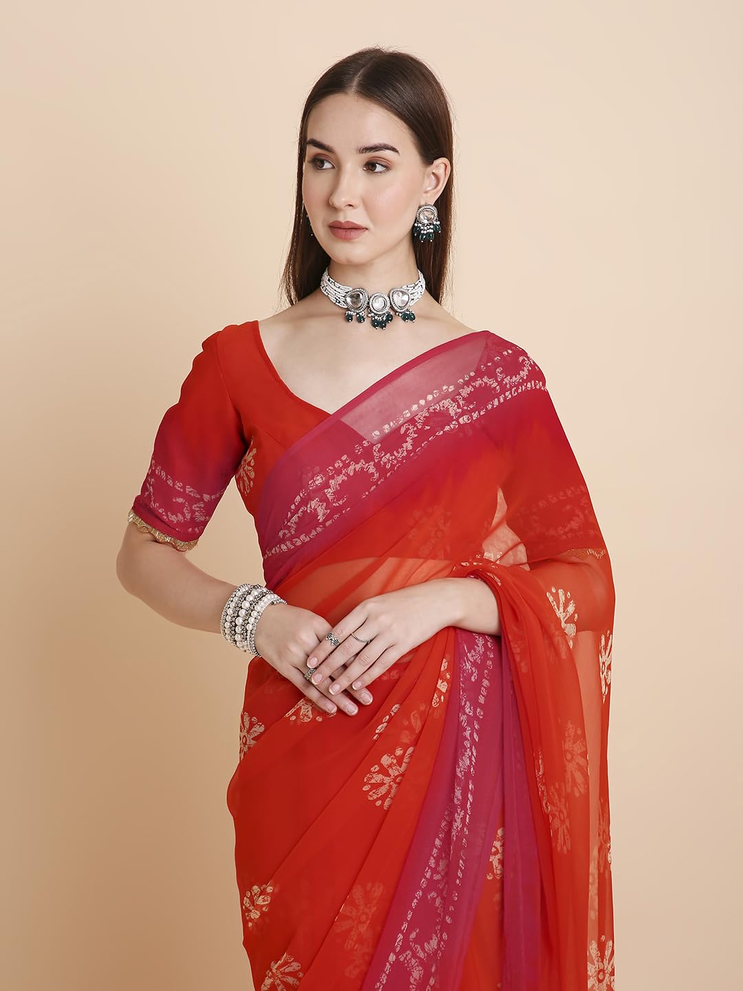 Vasthrlay Orange Saree with elegant chiffon and tie dye styling