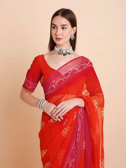 Vasthrlay Orange Saree with elegant chiffon and tie dye styling