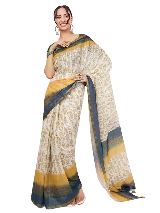 Vasthrlay Beige Womens Violet Lavender Daisy Floral Prints Linen Saree With Zari Border And Unstitched Blouse Piece