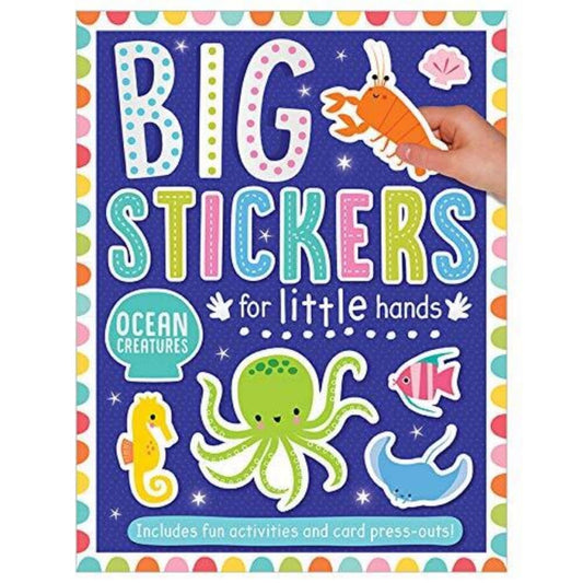 Child's hands placing a large, colorful ocean creature sticker onto a vibrant underwater scene from the Oxfordbookstore st...