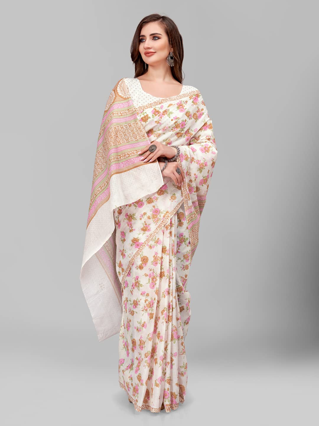 Vasthrlay Cotton Cream Saree with decorative printed design