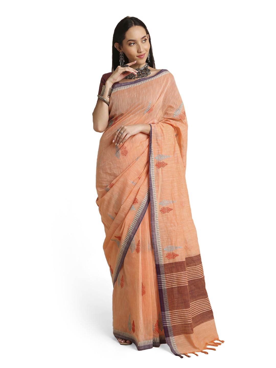 Vasthrlay Apricot Handloom Embroidery Saree for festive ethnic occasions