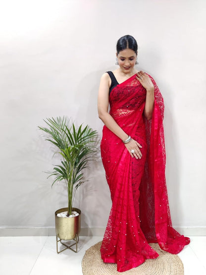 Vasthrlay Ethnic Red Saree with decorative traditional design
