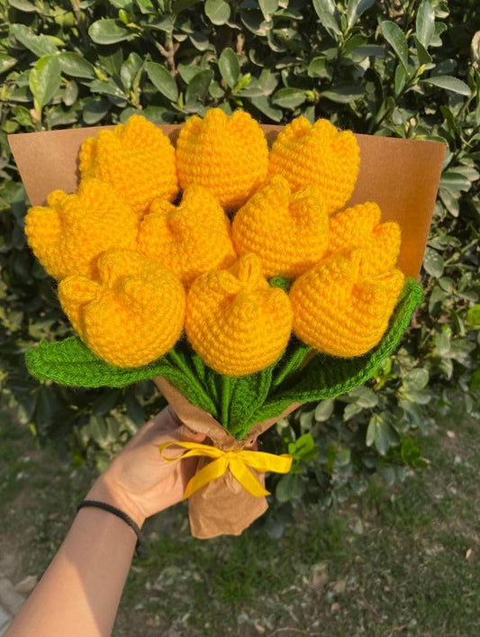 Handmade Crochet Tulip Bouquet, Yellow Knitted Flowers with Kraft Wrap - image 1