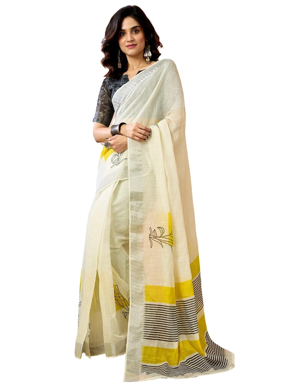 Vasthrlay Womens Printed Off White And Yellow Saree With Unstitched Blouse Piece