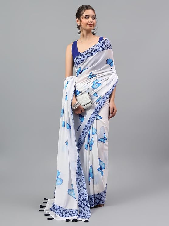 Vasthrlay Womens White1 Floral, Solid, Striped Design Georgette Saree With Unstitched Blouse Piece