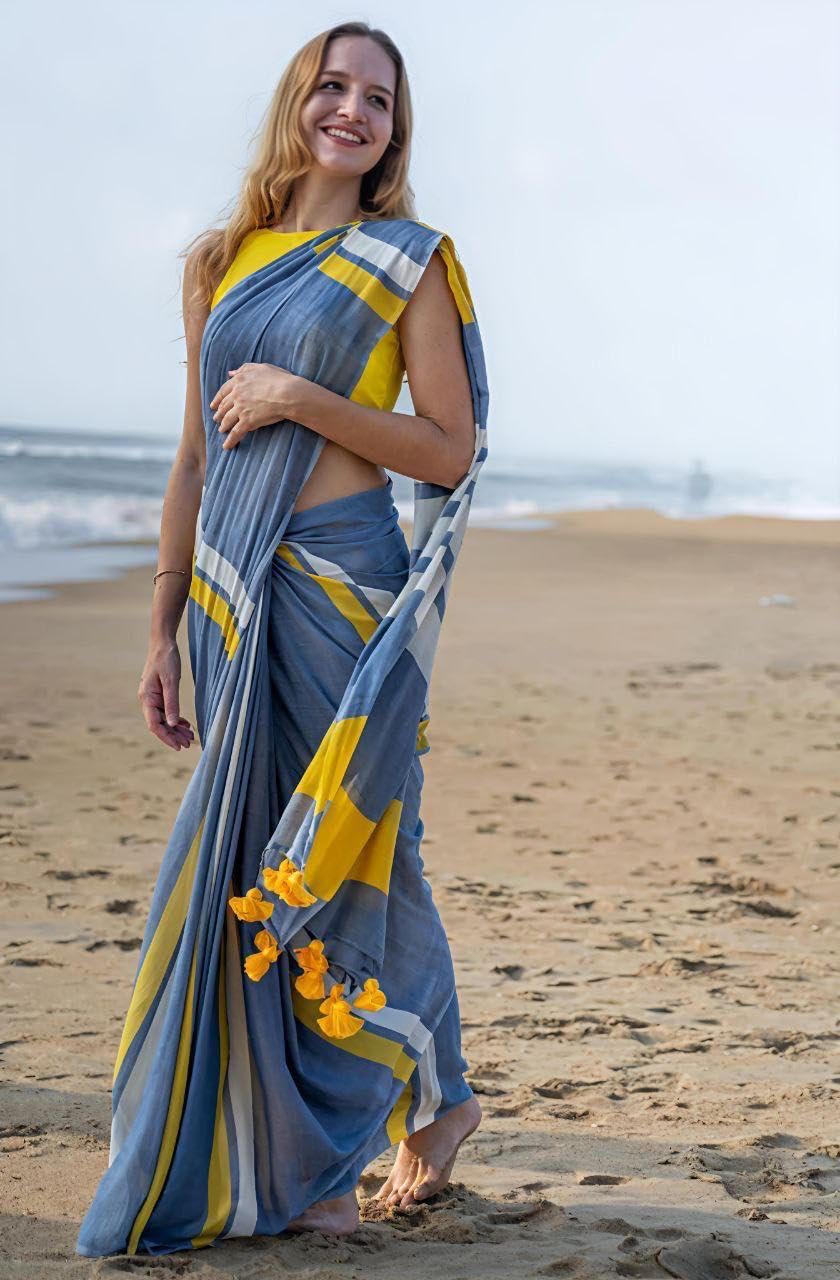 Vasthrlay Linen Blend Classic Saree with decorative Traditional design