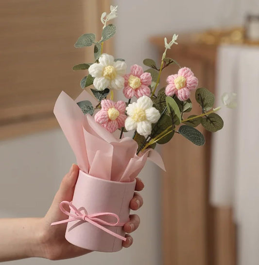Artificial Crochet Flower Bouquet, Pink Daisy, Pack of 1 - image 1