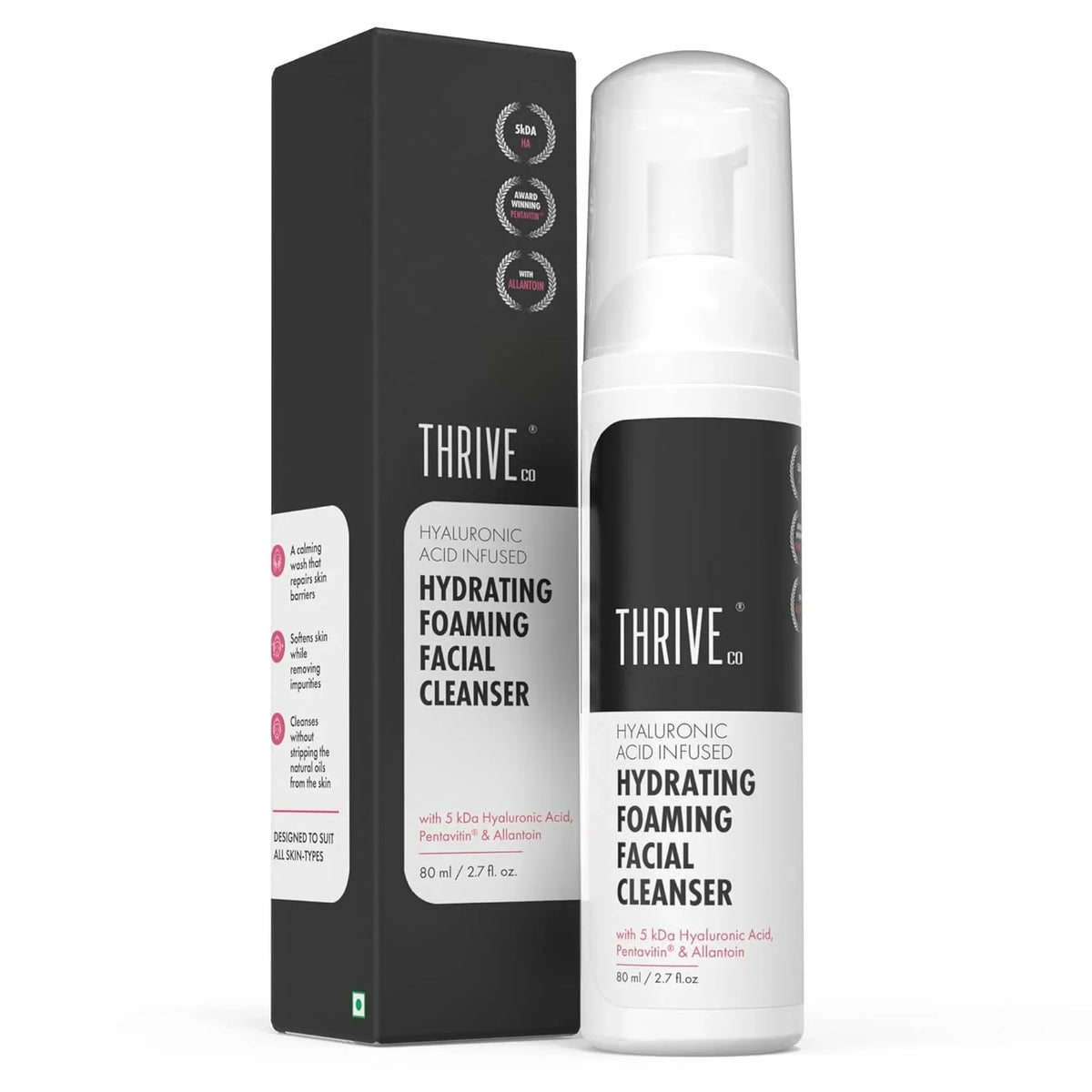 Thriveco Hydrating Foaming Facial Cleanser bottle with a pump, featuring a clean, minimalist design against a soft - Image 3