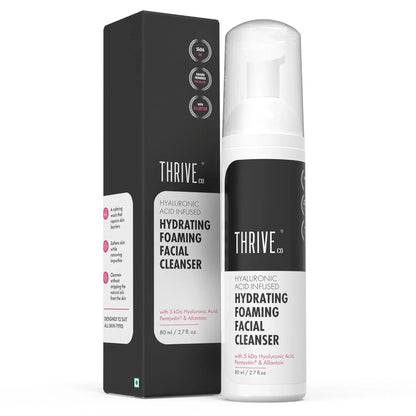 Thriveco Hydrating Foaming Facial Cleanser bottle with a pump, featuring a clean, minimalist design against a soft - Image 3