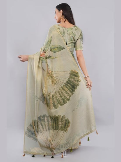 Vasthrlay Womens Green Floral & Solid Design Polyester Saree With Unstitched Blouse Piece