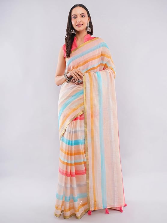Vasthrlay Women's Multicolour Chevron Printed Linen Saree with Unstitched Blouse