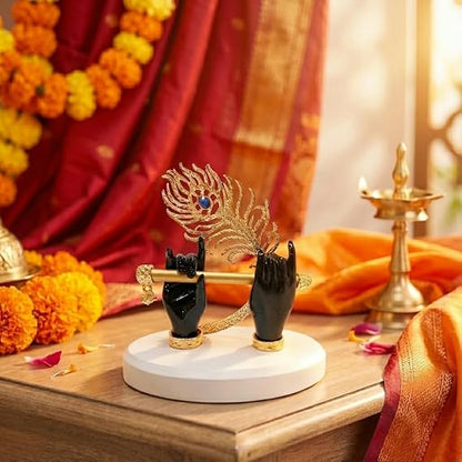 Gold Plated Melodic Krishna Hands Statue with Flute & Peacock Feather