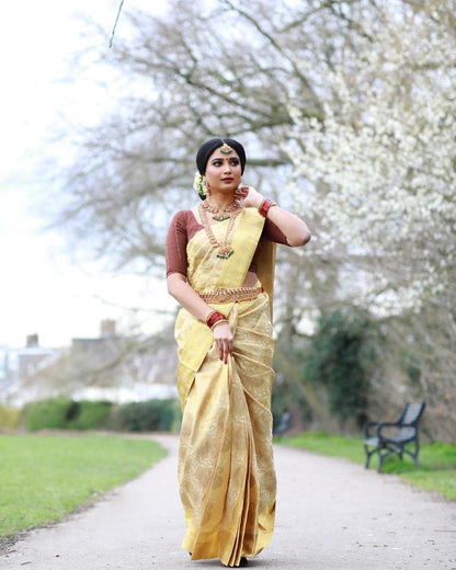 Vasthrlay Traditional Saree in Yellow with refined banarasi ethnic appeal