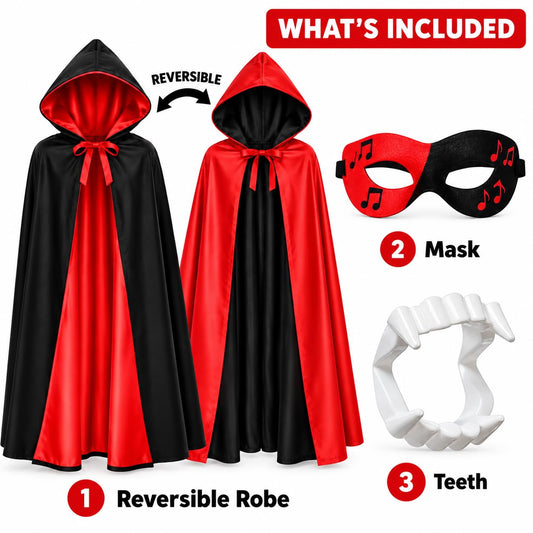 Rudra Fancy Dress Kids Black Red Reversible Hooded Robe Halloween Costume