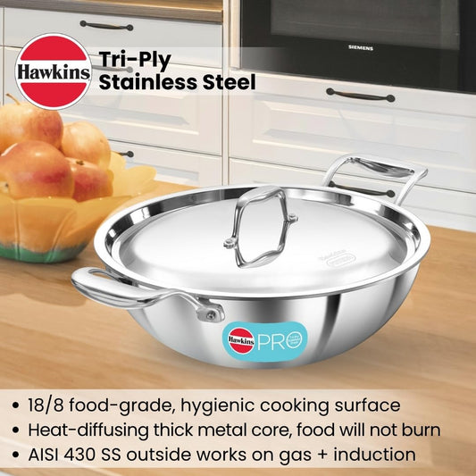 Hawkins Pro 3.5 Litre Deep-Fry Pan Triply Stainless Steel Kadhai