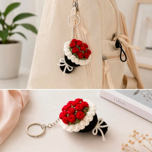 Crochet Rose Bouquet Keychain, Red Knitted Flower Bag Charm - image 1