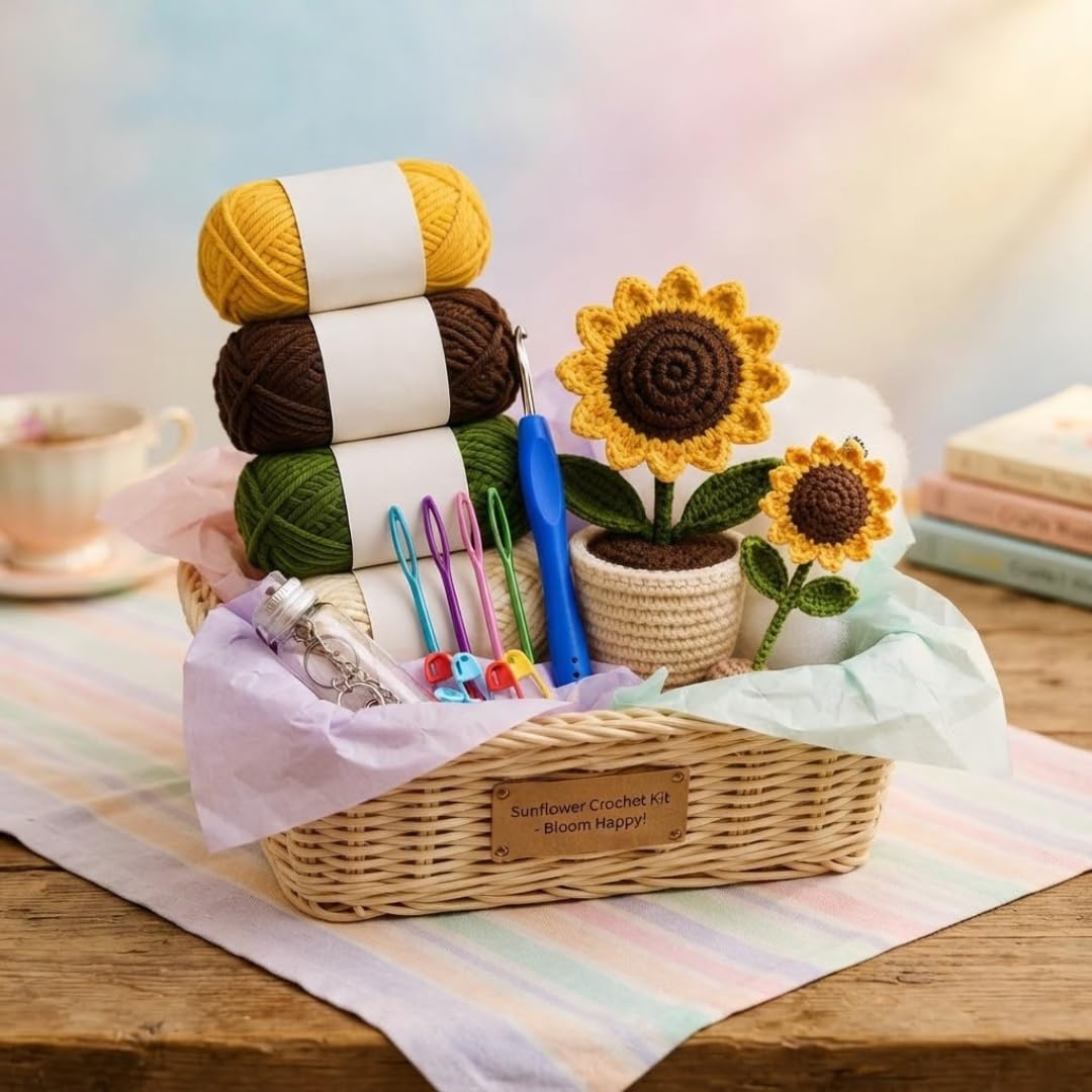 DIY Crochet Sunflower Kit for Beginners with Yarn, Hook, Needles & Keychain - image 5