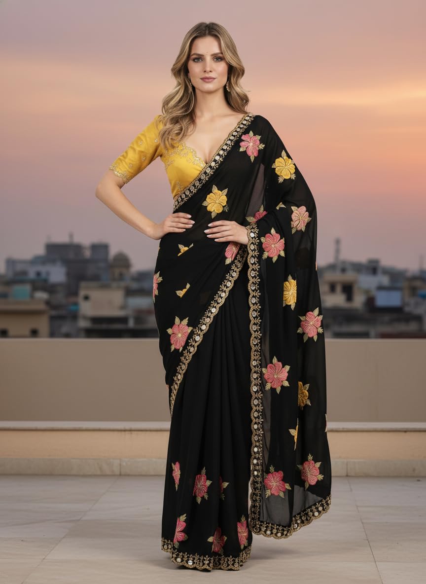 Vasthrlay Georgette Black Saree with decorative traditional design